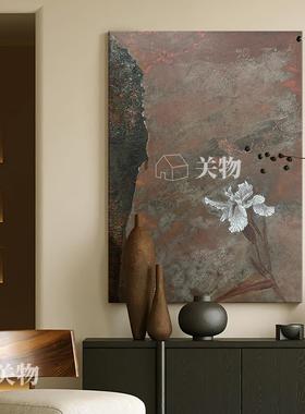 中古风白色鸢尾花手绘油画高级感花卉丙烯客厅装饰画复古玄关挂画