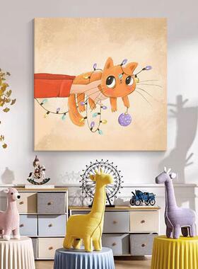 儿童房抽象小众艺术挂画橙色猫咪手绘油画卡通萌宠装饰画玄关壁画