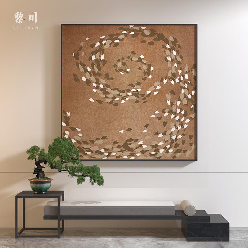 新中式美拉德复古色禅意落花树叶抽象玄关客厅装饰画壁画方形挂画图片