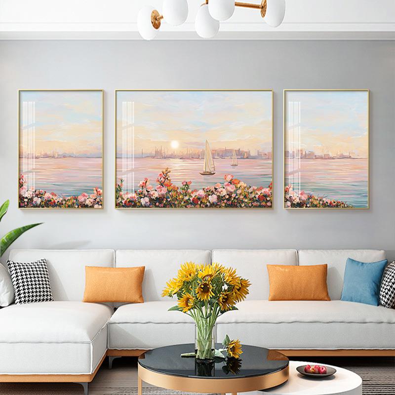 北欧一帆风顺客厅装饰画温馨海景风景卧室沙发背景墙壁画三联挂画