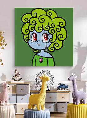 抽象动漫人物儿童房手绘油画小众艺术挂画绿色方形客厅玄关装饰画