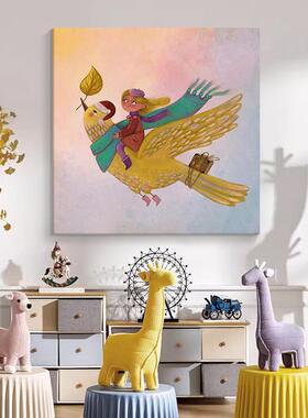 儿童房治愈系手绘油画客厅卡通女孩小鸟装饰壁画玄关小众艺术挂画