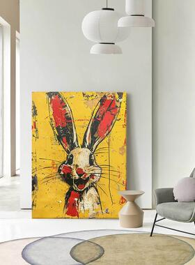 涂鸦兔子纯手绘肌理油画橙色抽象动物客厅装饰画小众艺术玄关挂画