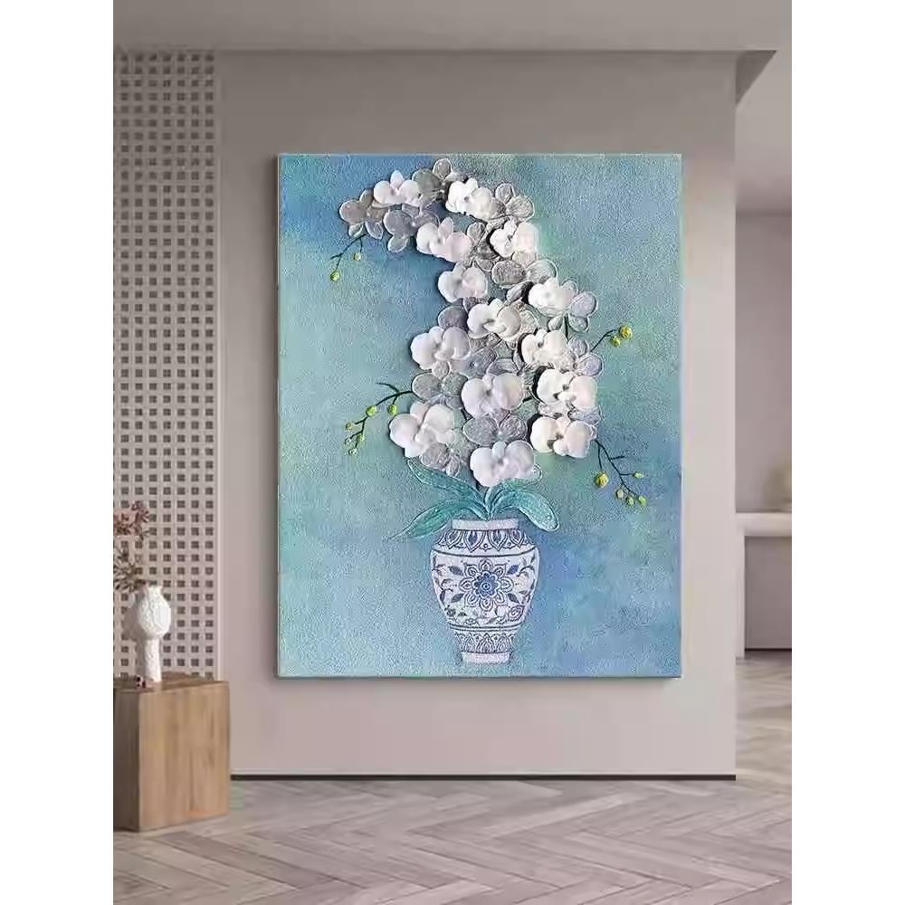 新中式青花瓷花瓶客厅玄关装饰画花开富贵肌理油画感走廊过道挂画图片