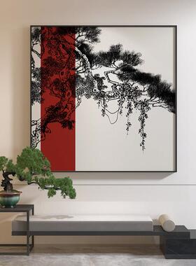 新中式轻奢客厅餐厅酒店入户玄关装饰画红色松树方形背景墙壁挂画