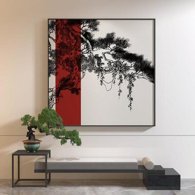 新中式轻奢客厅餐厅酒店入户玄关装饰画红色松树方形背景墙壁挂画