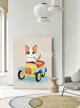 玄关卡通猫咪手绘油画客厅抽象动物小众艺术装饰画儿童房趣味挂画