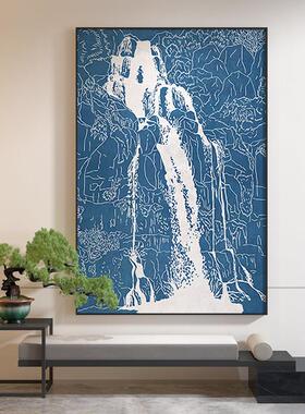 新中式装饰画蓝色山水线条中国风客厅茶室玄关背景墙壁轻奢挂画