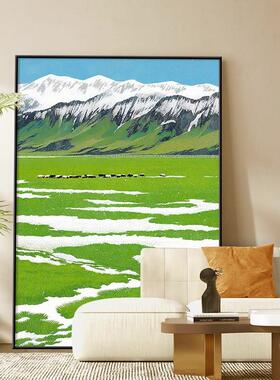 玄关绿色大草原装饰画客厅治愈系风景挂画抽象艺术牧牛场落地壁画