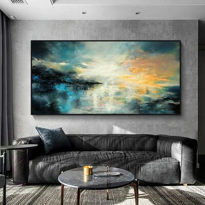 Notareart手绘油画《暮海霞光》横幅客厅沙发背景装饰画抽象挂画