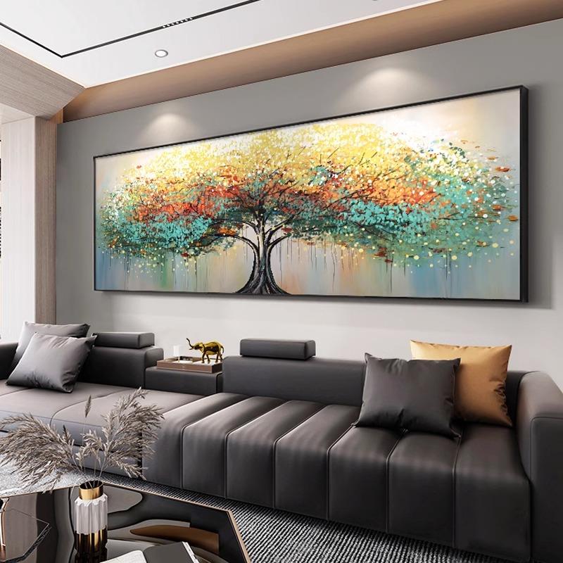 发财树手绘油画客厅装饰画横幅高级感沙发背景墙挂画大芬村肌理画图片