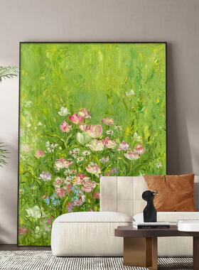 玄关花卉手绘油画客厅绿色抽象派艺术肌理挂画奶油风高级感装饰画