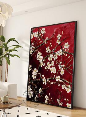 新中式茶室书房挂画古典抽象花卉进门玄关壁画红色喜庆客厅装饰画