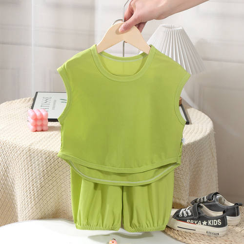儿童夏季背心纯色无袖男童女童冰丝套头薄款宝宝运动两件套童装潮