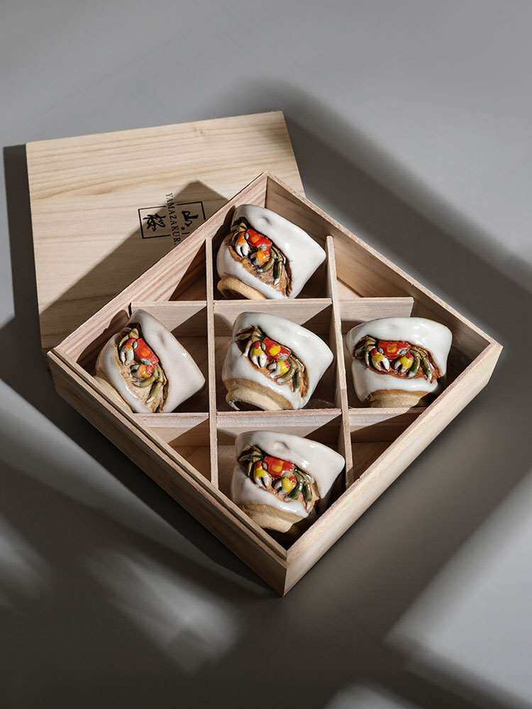 收藏天神蟹杯二六烧水月烧乐山螃蟹茶杯公道宝瓶日式志野礼盒