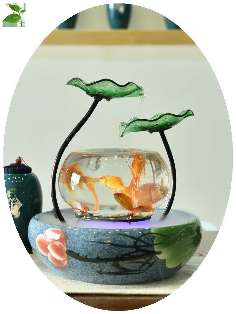 陶瓷桌面玻璃流水喷泉小型养鱼缸加湿客厅室内摆件创意家居装饰品