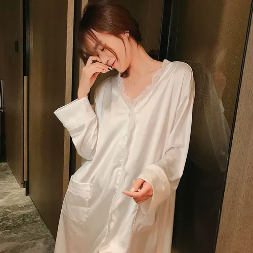 Демисезонная тонкая кружевная пижама, сексуальная короткая милая шелковая рубашка, V-образный вырез, кружевное платье