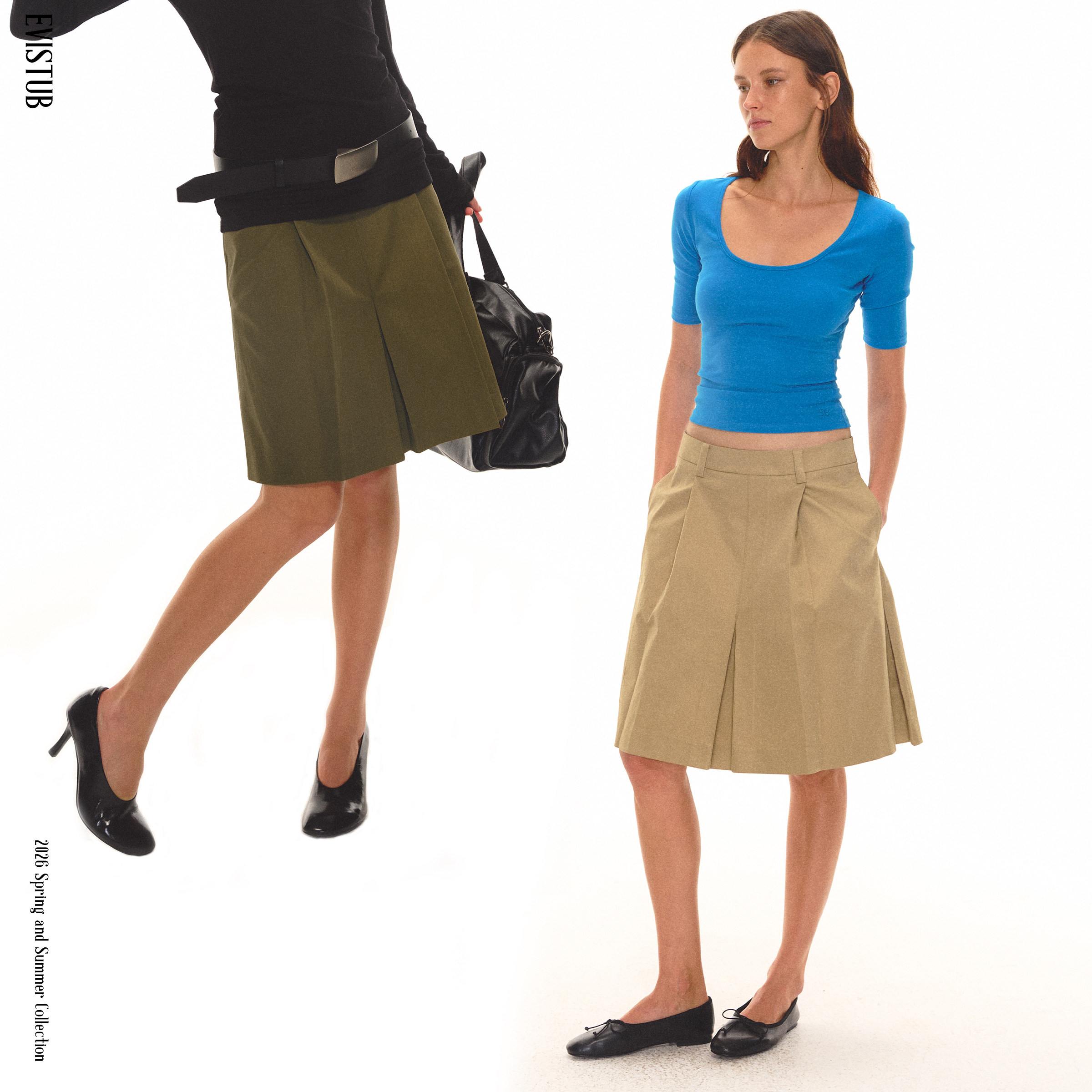 EVISTUB * 复古褶裥中裙 * 尼龙肌理挺括开叉A型低腰半裙