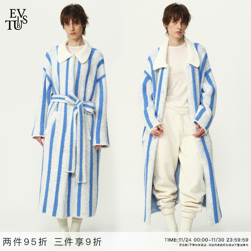 EVISTUB 暖冬柔软半边绒条纹提花翻领可外穿加厚家居服睡袍