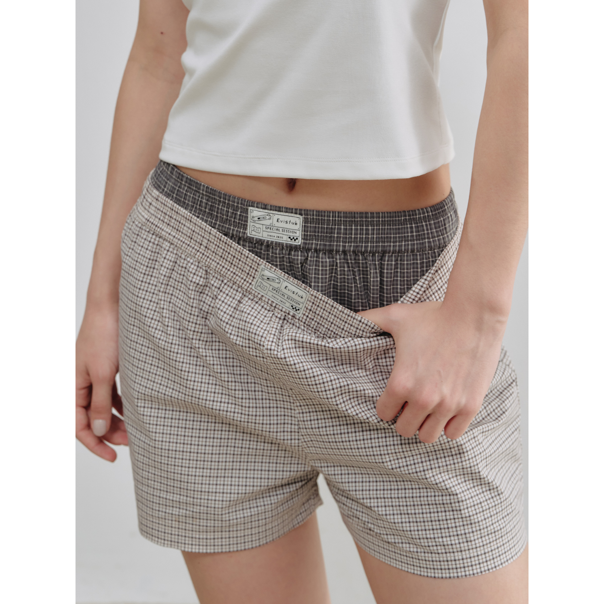 EviStub复古色织格纹阿罗裤女夏