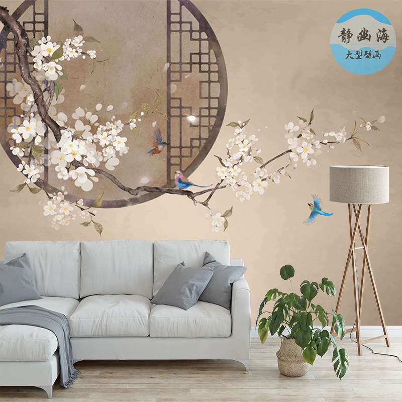 中式简约花窗中国风古风花鸟沙发背景墙壁纸茶室客厅卧室壁画墙布