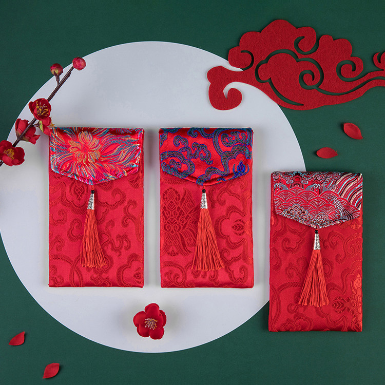 织锦缎新年红包系列凤吐流苏刺绣礼金红布包生日祝寿布艺利是封