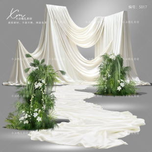 白色布幔韩式 婚礼效果图褶皱帷幔白绿色花艺设计psd素材 风格