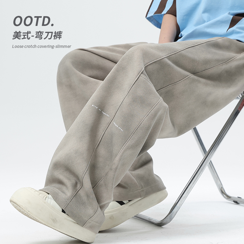 休闲裤子男女美式运动直筒弯刀裤
