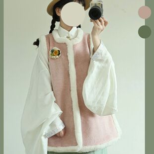 松间月原创明制对襟羊毛圆领圈毛比甲百搭毛呢加口袋日常通勤汉服