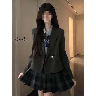 英伦西装jk制服套装女韩系学院风秋冬小个子西装衬衫百褶裙三件套
