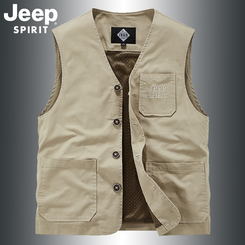 吉普春秋季男士V领水洗马夹休闲宽松背心坎肩户外运动马甲潮