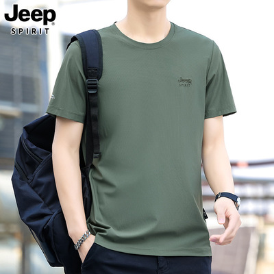 JEEP SPIRIT吉普新款夏季冰丝抗皱短袖时尚潮流男刺绣休闲圆领T恤