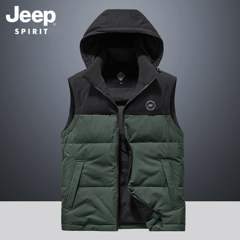吉普秋冬季男士羽绒马甲保暖外穿背心轻便连帽立领白鸭绒外套