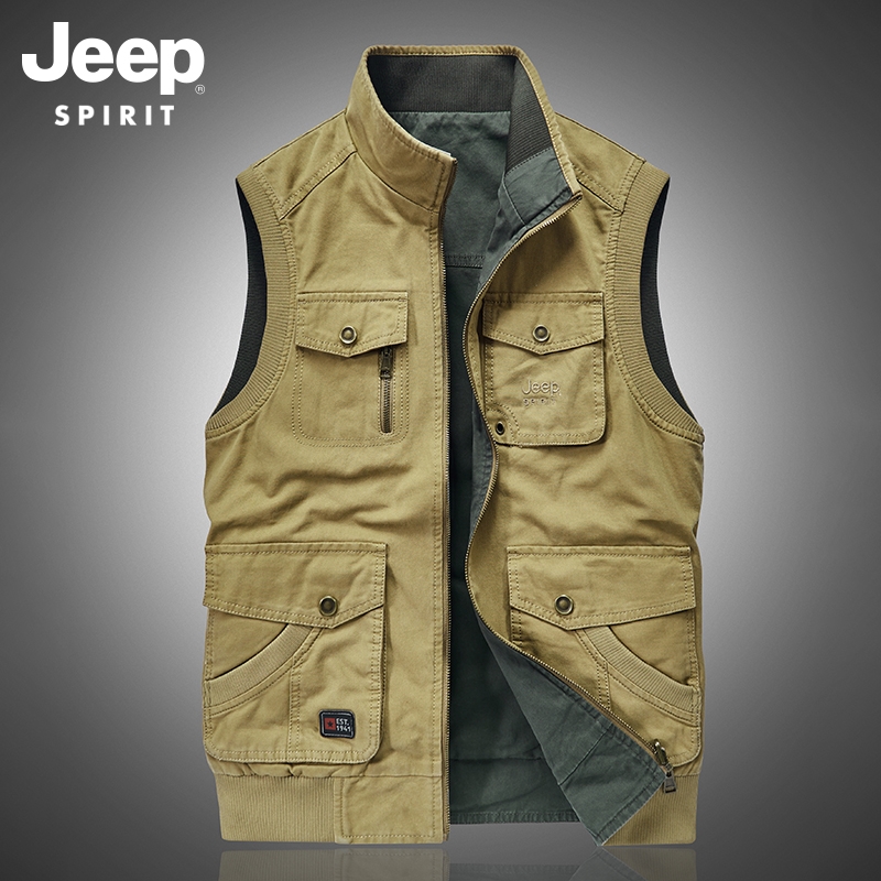 吉普春秋季男士马甲工装复古户外休闲简约立领双面穿坎肩男装
