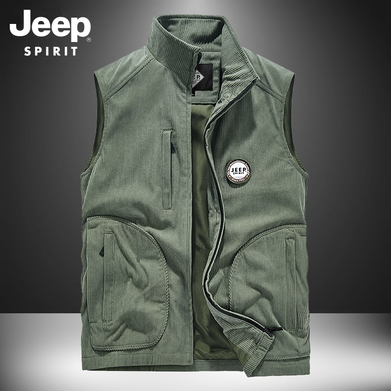 吉普秋冬季男士灯芯绒马甲背心休闲宽松百搭中年爸爸坎肩男装