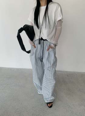 TOOWELL-26年早春简约蓝白竖条纹拼接设计感阔腿休闲裤