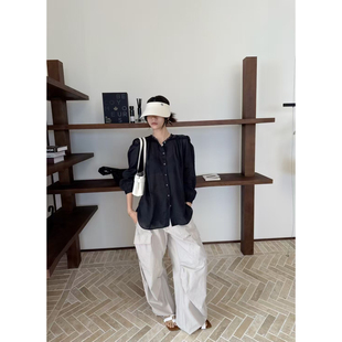 高级感圆领小衫 26年夏上新法式 拼接蕾丝泡泡袖