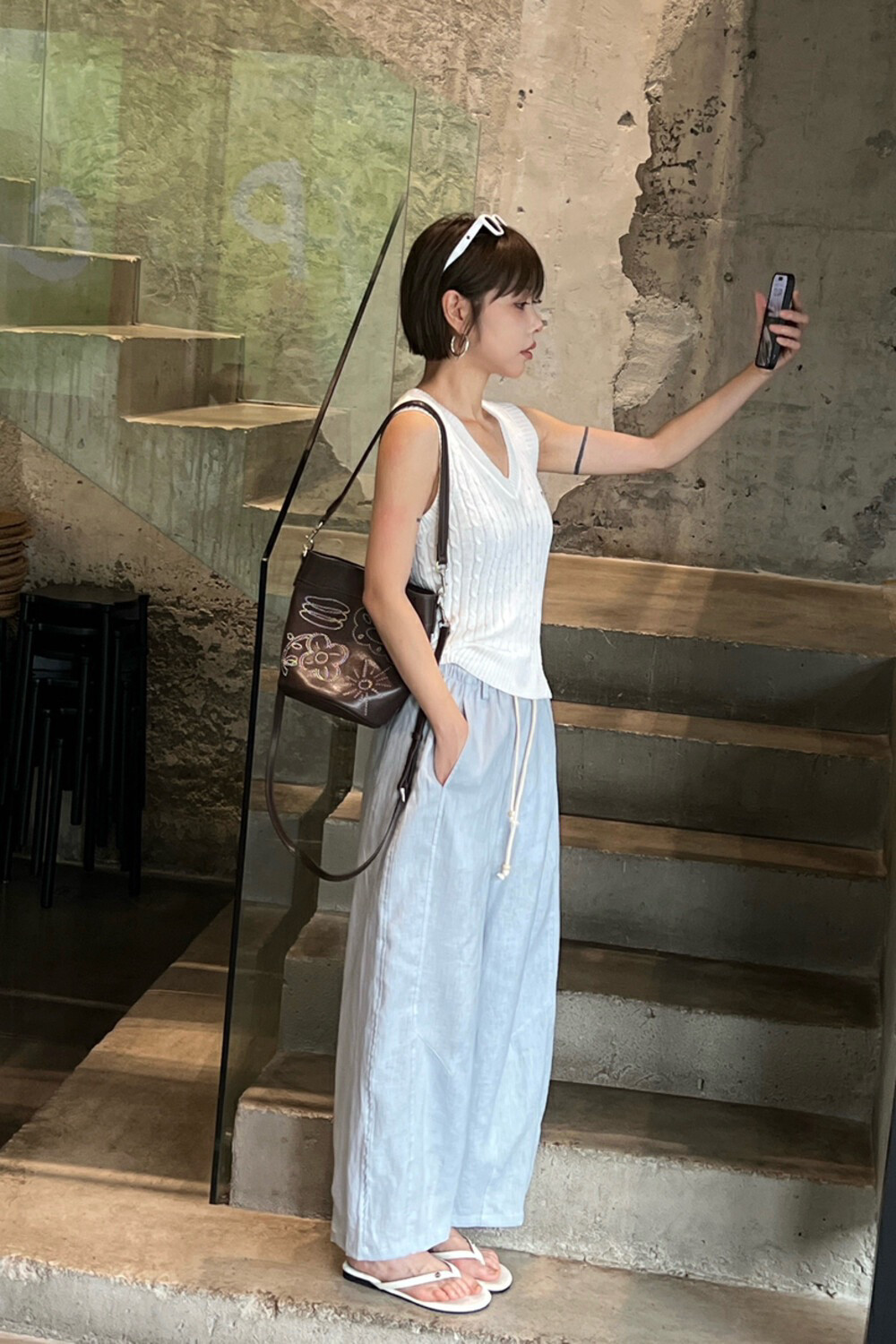 夏上新!【UMA SONG】松弛感十足亚麻松紧抽绳廓形百搭九分休闲裤