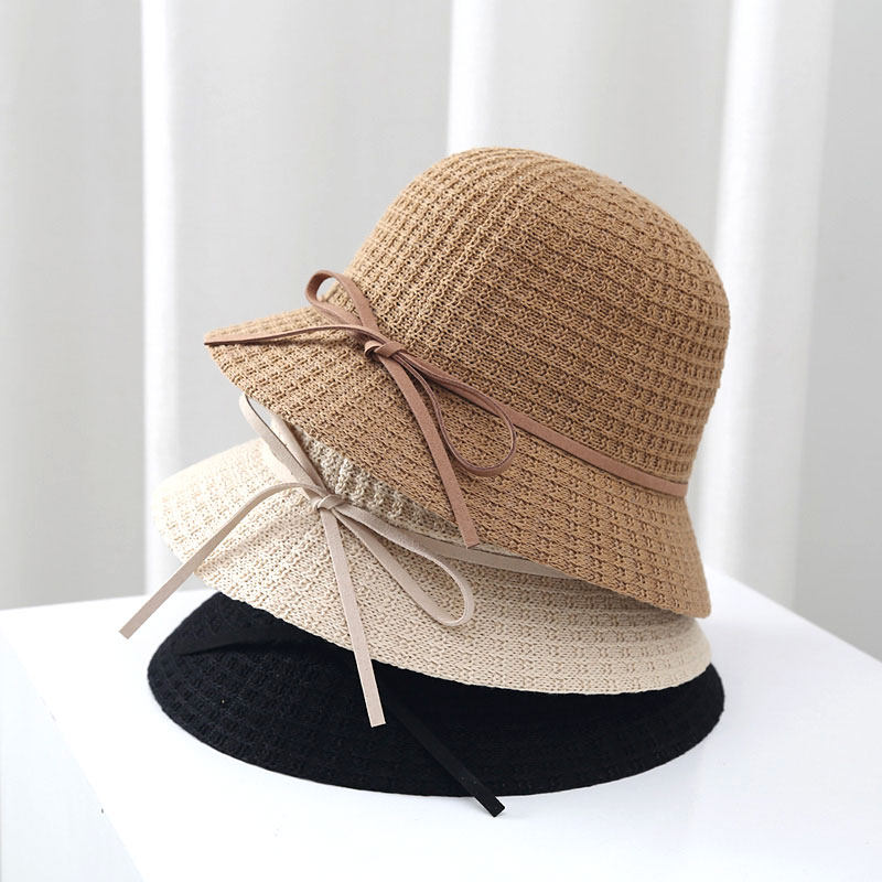 帽子女夏季渔夫帽圆顶出游短檐盆帽休闲系带蝴蝶结防晒遮阳帽春秋
