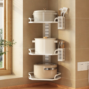 免打孔壁挂锅具收纳架转角锅架子可调节层高三角架厨房置物架多层