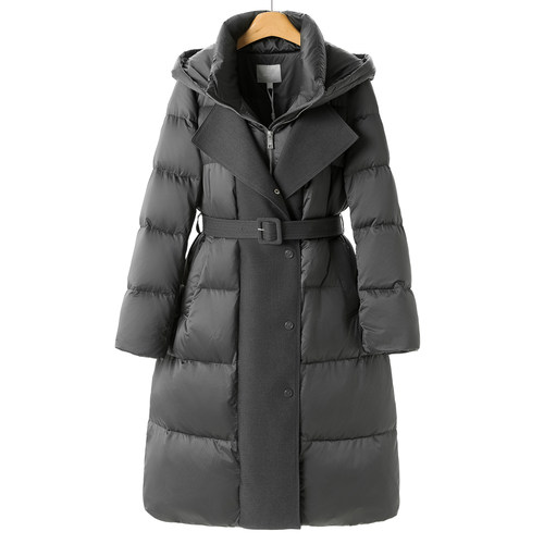 专柜1899【兹】冬装 拼接摁扣门襟连帽长款羽绒服130