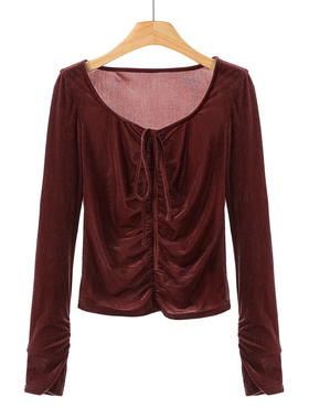 专柜699【帝】秋装 辣妹褶皱修身系带方领丝绒T恤591