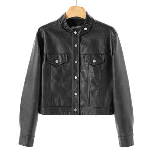 机车风立领单排扣PU皮质短款 专柜799 春装 熠 外套105 50%粘纤