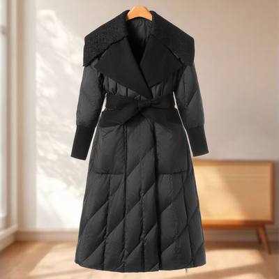 专柜2180 鹅绒服【鸿】冬装 针织拼接翻领系腰带大摆羽绒服061