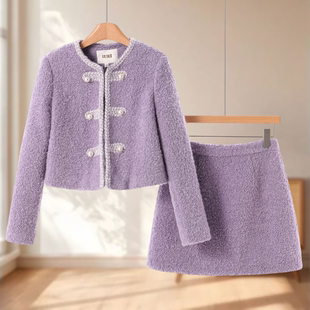 包臀短裙小香风套装 303 冬季 57%绵羊毛 女装 珍珠棉衣 新款 蕾