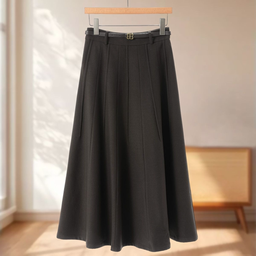 专柜669 33%粘纤【序】冬装 A字过膝大摆拷边条磨绒半身裙579