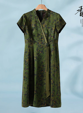 专柜3190香云纱【纳】夏装 花朵飘带V领100桑蚕丝真丝连衣裙026