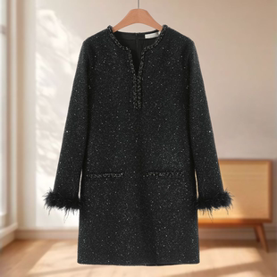 重工串珠V领毛条袖 冬装 连衣裙207 木X 专柜1099