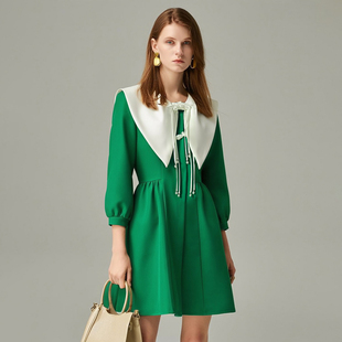 琵琶扣新中式 专柜899 秋季 木X 蝴蝶领连衣裙040 68%粘纤