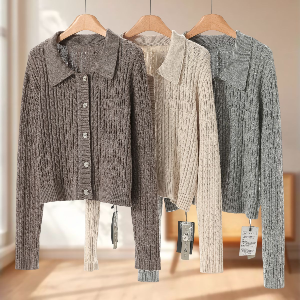 专柜499 2%兔毛【兰】冬装 麻花纹翻领开衫宽松针织短外套667